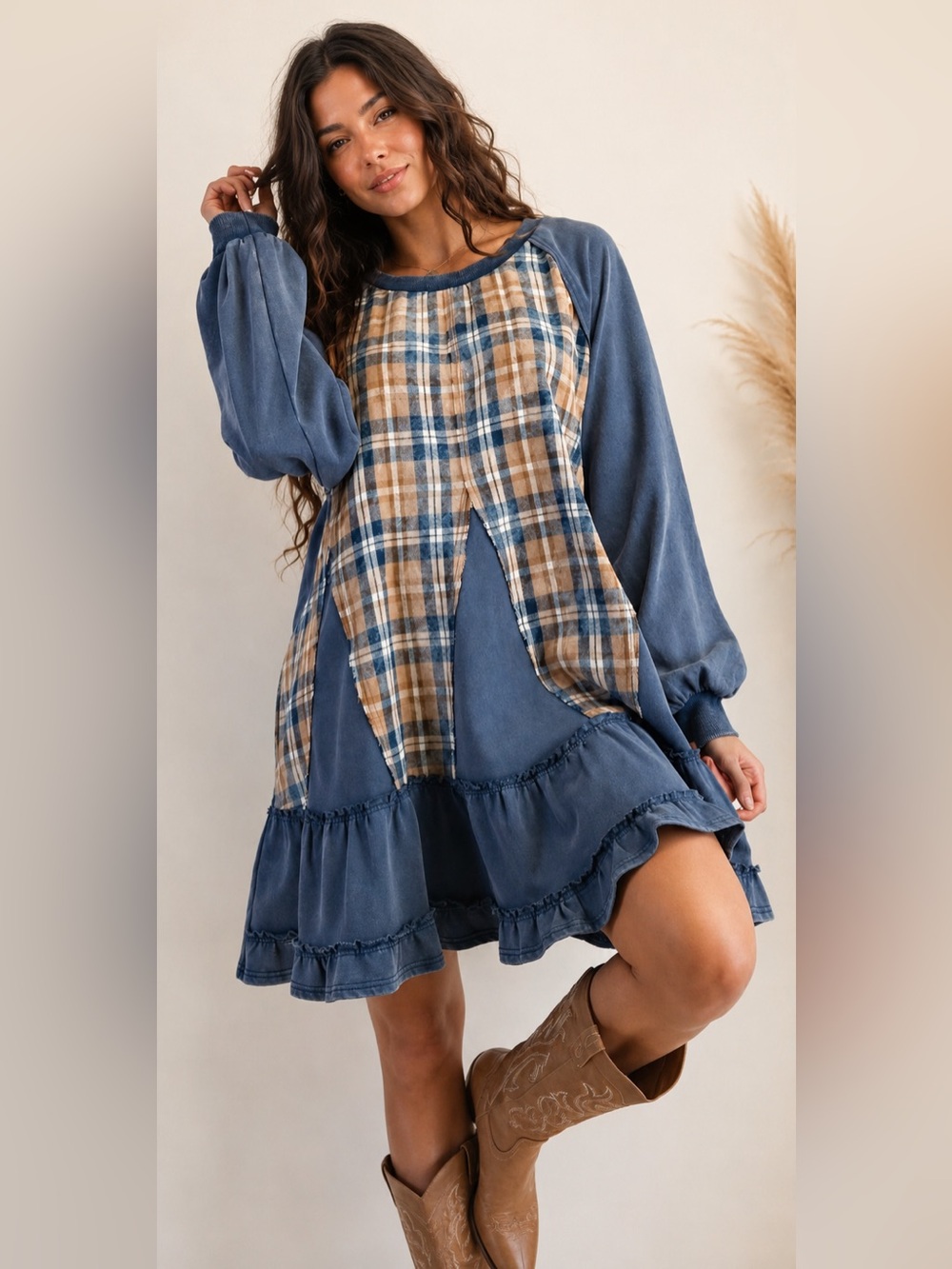 easel Blue Plaid Panel Balloon-Sleeve Casual Dress